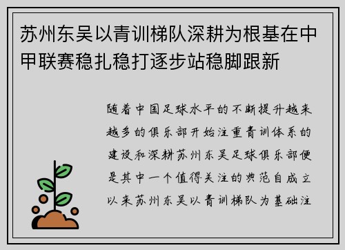 苏州东吴以青训梯队深耕为根基在中甲联赛稳扎稳打逐步站稳脚跟新